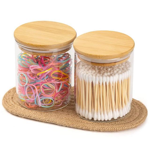 Qtip Holder Glass Jars with Bamboo Lid, Apothecary Jars 2 Pack, Cotton Ball Swab Pad Holder Dispenser, Bathroom Accessories Countertop Canisters, Vanity Makeup Organizer (15OZ - 2PACK)