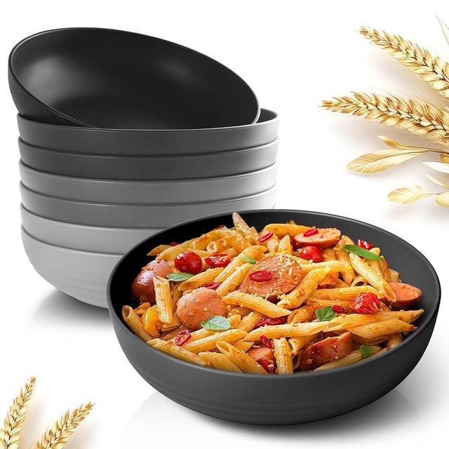 Teivio 8.4" Large Plastic Pasta Bowls Salad Bowls Reusable, 45 oz Pasta Serving Bowl Set of 8, Wheat Straw Serving Plate Bowls for Pasta, Salad, Cereal, Soup, Dishwasher Safe, Gray Ombre
