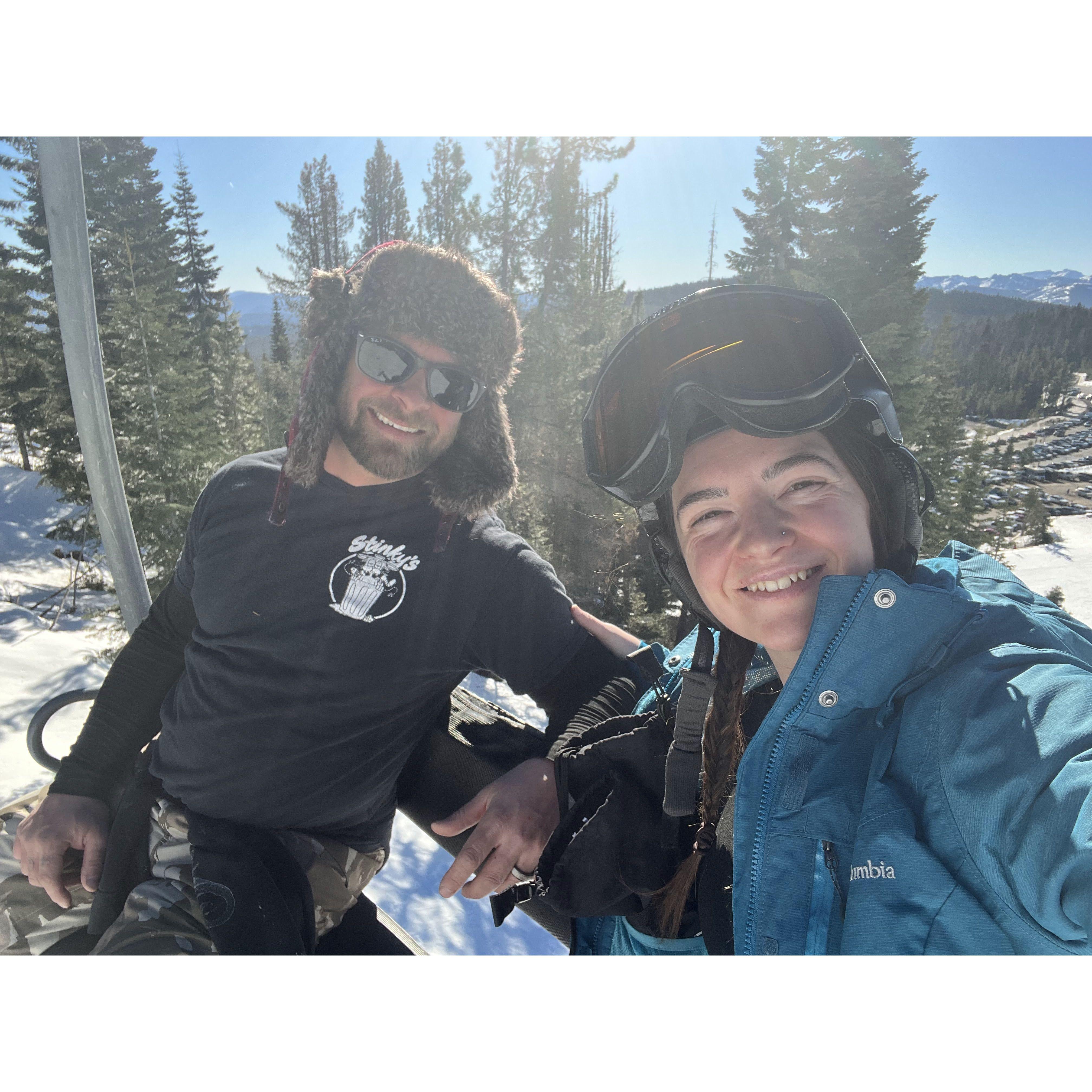 Shredding the gnar (mostly I pizza down the slopes while he does backflips or something)