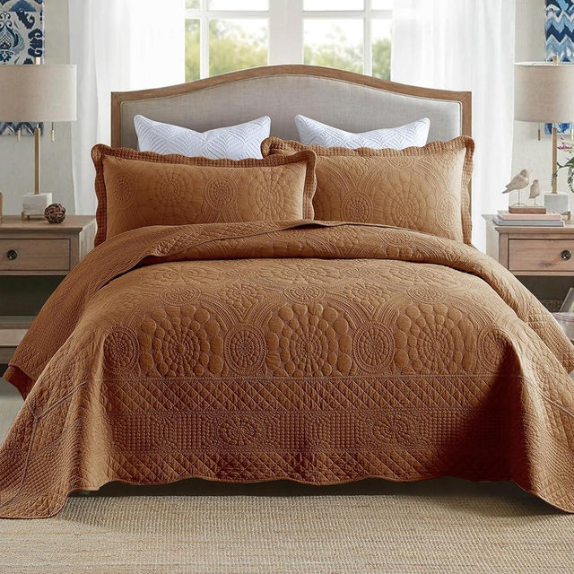 MarCielo 3-Piece 100% Cotton Oversized Bedspread Lightweight Quilt Coverlet Embroidery Farmhouse Bedding Set (Tf Dusty Orange, King (118"x106"))