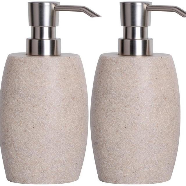 Clasin Home Sandstone Textured Resin Soap Dispenser with Metallic Pump and Waterproof Bottle Labels for Bathroom Kitchen Dish Hand Wash Shower Lotion Shampoo, 12 Oz, 2 Sets Beige
