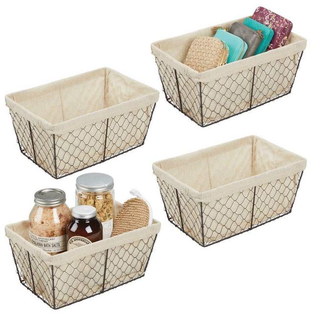 mDesign Metal Farmhouse Home Storage Organizer Basket - Chicken Wire Design, Fabric Liner - for Kitchen, Bathroom, Living Room, Pantry, Cupboard, Shelves, Countertop, Medium, 4 Pack - Bronze/Natural