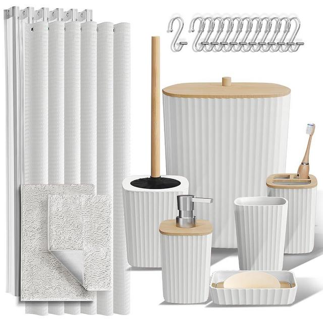Clara Clark Bathroom Accessories Set - 22PC Bathroom Set, Bathroom Sets with Shower Curtain and Rugs, White Shower Curtain Set with Bathroom Trash Can