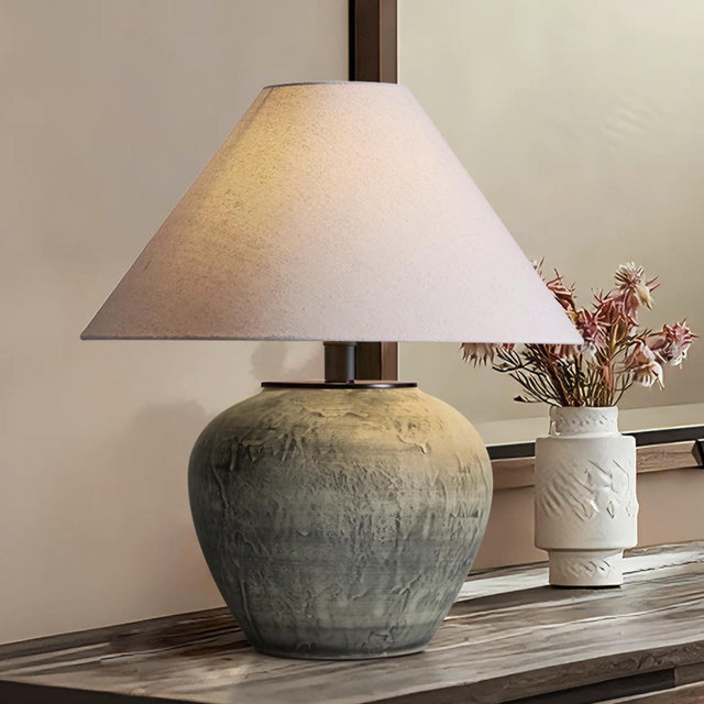 Handcrafted Earthenware Table Lamp With Linen Shade – Rustic Farmhouse Accent Lamp With Included Bulb For Bedroom Or Living Room