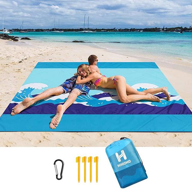 HIHOHO Beach Blanket,79''×83'' Large Sandproof Waterproof Beach Mat,Portable Lightweight Outdoor Blanket for Beach Travel,Picnic, Camping,Included 4 Corner Pockets and 4 Durable Stakes