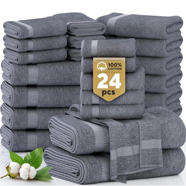 LANE LINEN 24 Piece Bath Towels Set - 100% Cotton Bathroom Towels, Absorbent Towels for Bathroom, 4 Large Bath Towels, 2 Bath Sheets, 6 Hand Towels, 8 Wash Cloths, 4 Fingertip Towels - Cool Grey