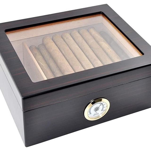 DUCIHBA Cigar Humidors Case Holds 25-50 Cigars, Tempered Glass Top Display, Handcraft Spanish Cedar Wood Desktop Storage Cigar Box with Divider, Humidifier and Hygrometer, Ebony Black Finish