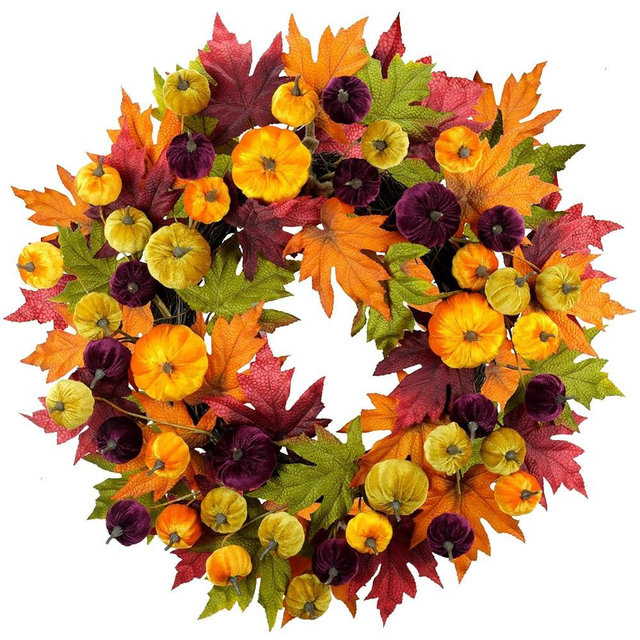 YULETIME 24" Fall Wreath, Artificial Autumn Wreath with Red, Orange, Green Maple Leaves and Orange, Purple, Green-Yellow Pumpkins (Pumpkin & Maple Leaf)