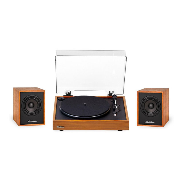 Electrohome Montrose Vinyl Record Player with Huntley, Powered Bluetooth Bookshelf Speakers for Warm Natural Sound, Teak - Teak
