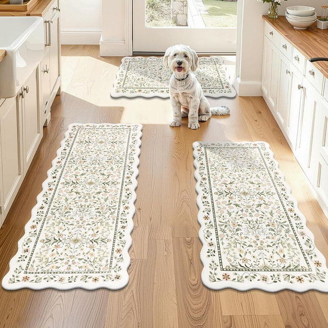Yamaziot Anti Fatigue Kitchen Rugs Set of 3 - Boho Non Slip Waterproof Kitchen Mats for Floor, Boho Runner Rug for Kitchen Floor, Laundry, Desk, Office, 17.3"x29"+17.3"x35"+17.3"x47", Light Green
