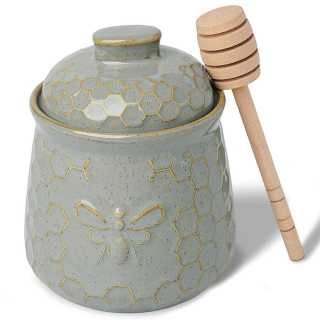 QUXIJA Honey Jar with Dipper and Lid, 10 OZ Ceramic Honey Pot With Bee, Farmhouse Kitchen Decor (Vintage Grey)