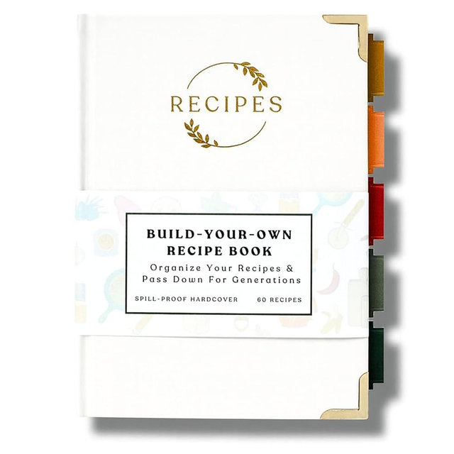 Kikaze Collection Blank Recipe Notebook | Small Blank Recipe Book to Write in Your Own Recipes | Artisan Hardcover Journal for 60 Recipes | 8.4” x 6” Leather White & Gold Hardcover | Tabs, Stickers, Pocket & Bookmarks