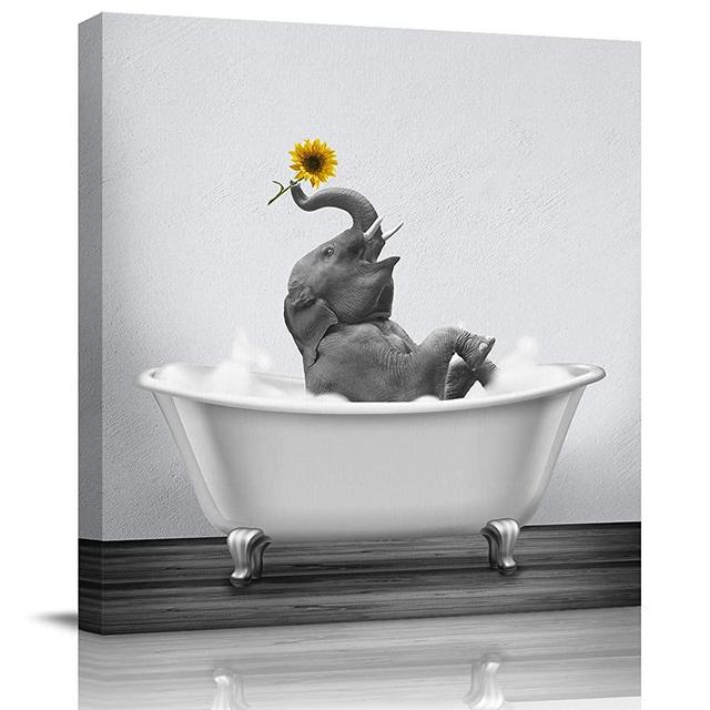 Canvas Wall Art Print Bathroom Wall Art Decor-Happy Elephant with Sunflower in Bathtub Black White Illustration Artwork Canvas Prints Stretched & Framed Ready to Hang Home Decor Wall Decor (12''x12'')