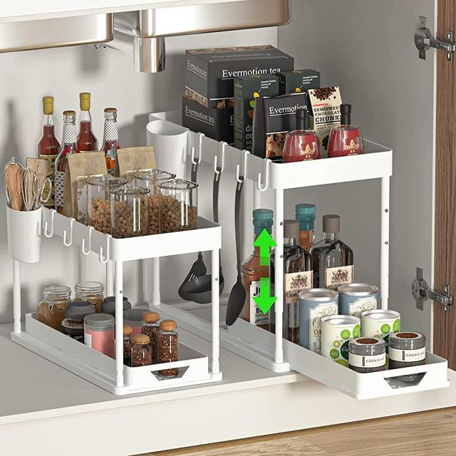 2 Pack Adjustable Height Under Sink Organizers and Storage,HI NINGER 2Tier Bathroom Organizer Under Sink,Multifunction Kitchen Under Sink Organizer with 8 Hooks and 2 Hanging Cups and16Non-slip mat