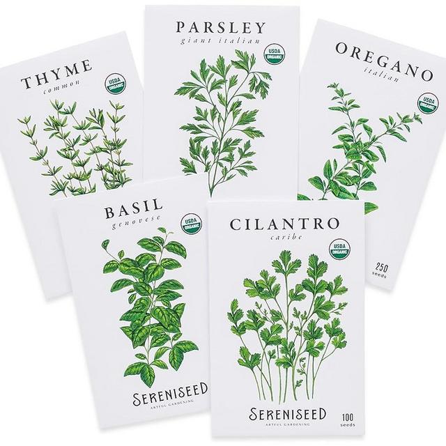 Sereniseed Certified Organic Herb Seeds Collection (5-Pack) – 100% Non GMO, Open Pollinated Varieties with Grow Guide – Cilantro, Basil, Oregano, Parsley, Thyme