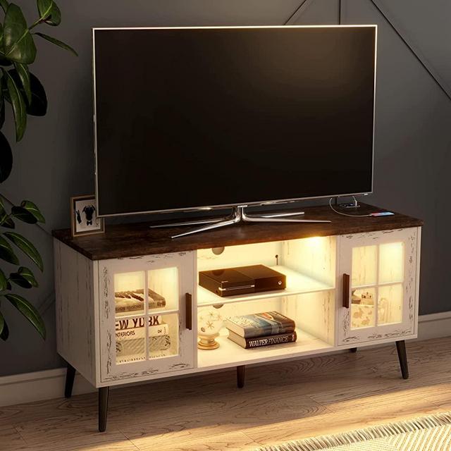 LVSOMT Modern LED TV Stand with Storage, Entertainment Center Cabinet for Living Room, Media Console with 3 Color Lighting (Wood White)