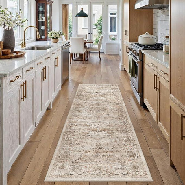 PureCozy Washable Runner Rug 2x6 for Hallway Beige Vintage Long Carpet Soft Low Pile Non Slip Throw Rug Floral Distressed Accent Rug for Entryway Bathroom Office Laundry Dining Room