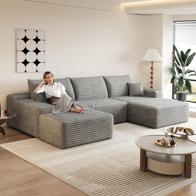 107" Comfy U-Shaped Sectional Modern Boneless Corduroy Couch with Chaise ‌and Ottoman‌ - No Assembly Required! Deep-Seat, Upholstered Modular Cloud Sofa for Living Room, Plush Corduroy Fabric(Grey)