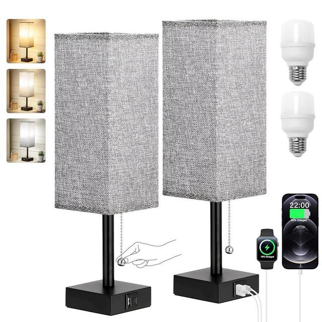Bedside Table Lamps Set of 2 - Gray Bedroom Lamps with 3 Color Temperatures (3000K/5000K/4000K), Two Square Nightstand Lamps with USB C + A Charging Ports, Pull Chain Small Night Light for End Table