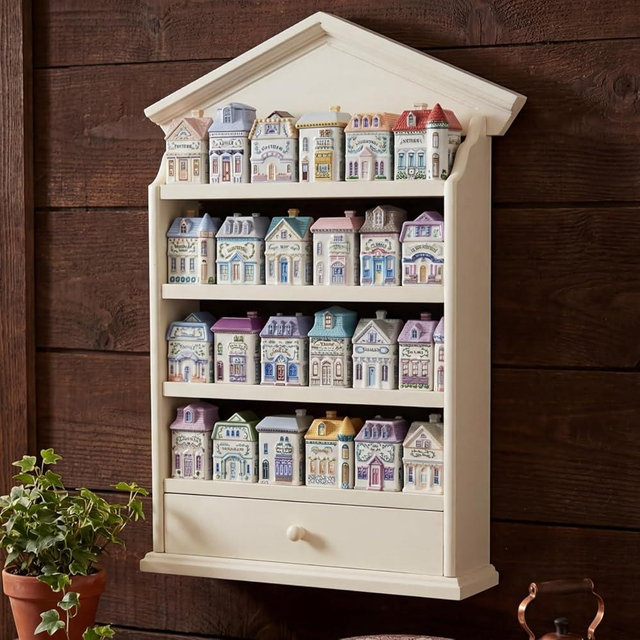 Chunful Vintage Spice Village Wooden Rack 22 x 17 x 4 Inches with 4 Shelves and Drawer for Wall Mounting Kitchen Storage Spice Village Display Shelf for 24 Jars, Shelf Only (White, Classic)