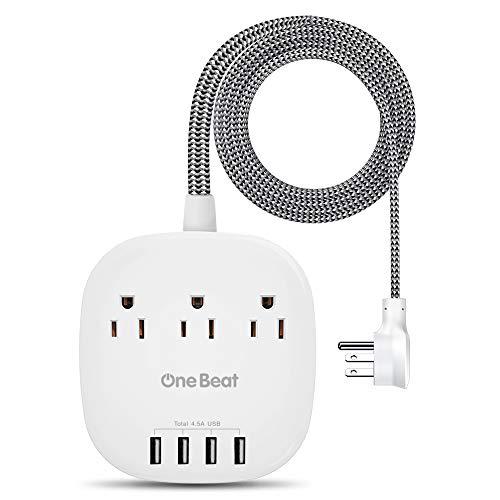 Desktop Power Strip with 3 Outlet 4 USB Ports 4.5A, Flat Plug and 5 ft Long Braided Extension Cords for Cruise Ship Travel Home Office, ETL Listed, White