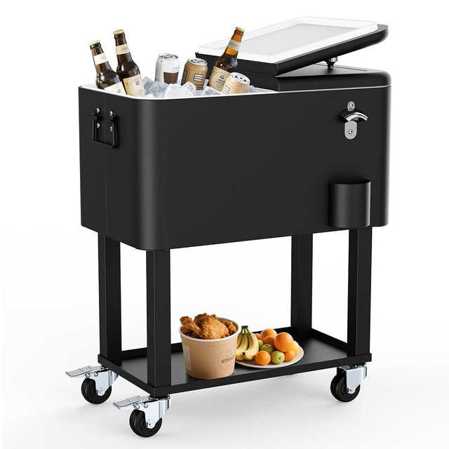 SHAREWIN 60 Quart Cooler Cart with Wheels and Handle, Drink Cooler Carts for Outdoor or Indoor Entertaining, Portable Bar Ice Chests with Bottle Opener & Cap Collector & Drain