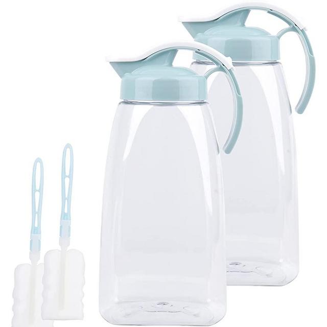 Frcctre 2 Pack 74 Oz Plastic Water Pitcher with Lid, Beverage Pitcher Juice Container, High Heat Resistant One-touch Airtight Pitcher for Juice, Water, Coffee, Tea, Lemonade, Leak Proof & Space Saving