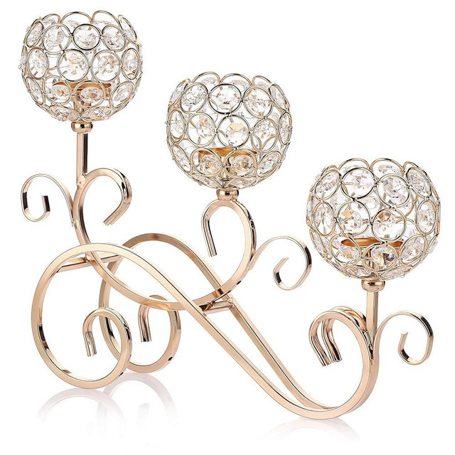OwnMy 3 Arms Crystal Bowl Tealight Holder Candelabra Candle Holders, Crystal Votive Candle Stand Ornament Tea Light Candlestick Candle Centerpieces for Dining Table Home Decoration Wedding (Gold)
