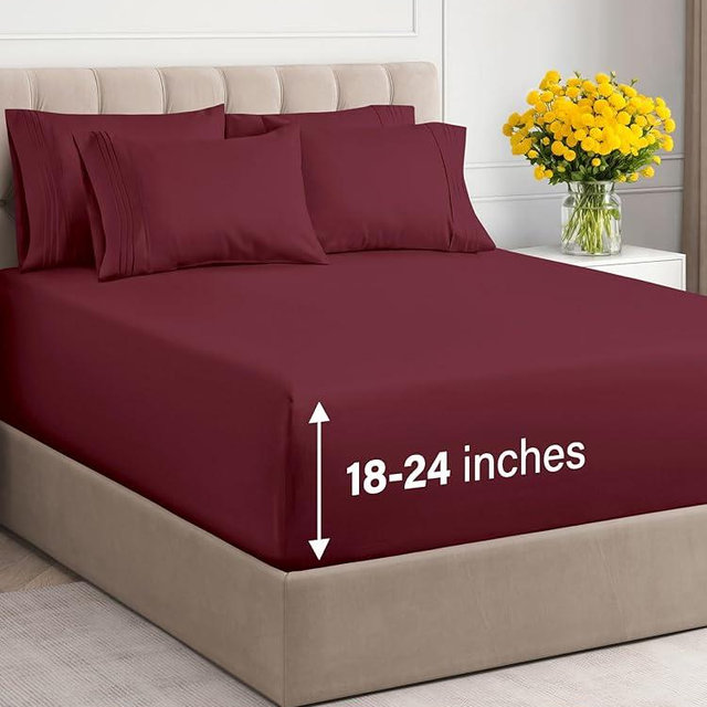 Extra Deep Cal King Sheet Set - 6 Piece Breathable & Cooling Sheets - Hotel Luxury Bedding Set w/18-24 Inch Extra Deep Pockets - Easy Fit - Super Soft, Wrinkle Free & Comfy - Burgundy, Cal King Size