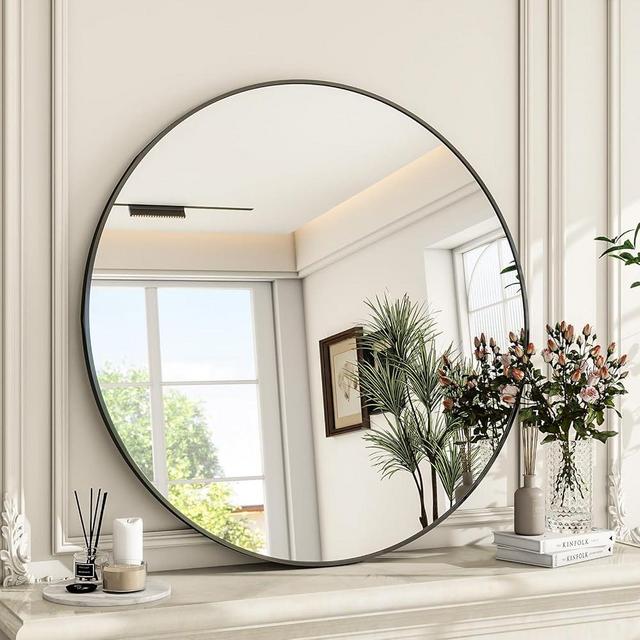 ZENOMIRRIS Round Mirror Wall Mounted Mirror - 24" Circle Mirror Bathroom Vanity Mirror with Aluminum Frame for Bedroom Living Room, Entryway Decor Black Mirror