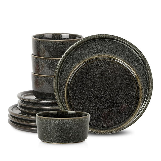 Stone Lain Eden 12-Piece Dinnerware Set Stoneware, Plates and Bowls Set, Dishwasher and Microwave Safe Dish, Dish Set for 4, Charcoal Grey