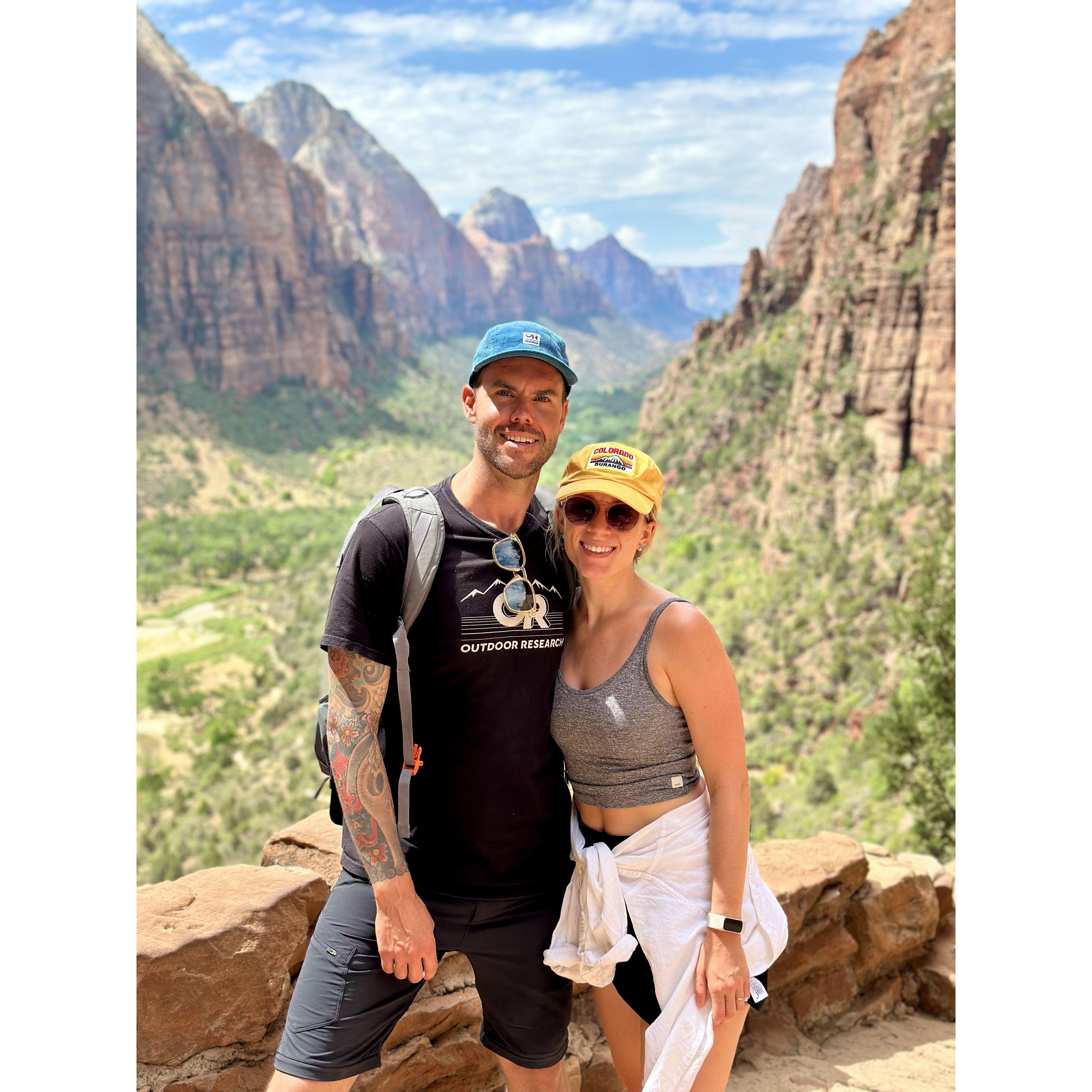 Hiking together in Zion National Park—we're always up for a great road trip!