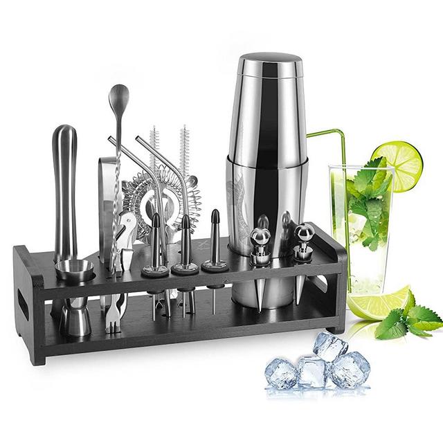 Bartender Kit 23 Pcs by Xavier Kit - Cocktail Shaker Set with Stylish Bamboo Stand and Boston Shaker - Premium Stainless Steel Professional Bar Set Ideal for Drink Mixing at Home and Bars