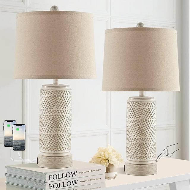 Set of 2 Rustic Touch Ceramic Table Lamps for Living Room, RORIANO 3 Way Dimmable with Dual USB Ports Bedroom Nightstand Lamp, Linen Fabric Shade Bedside Accent Desk Lamps, LED Bulb Included