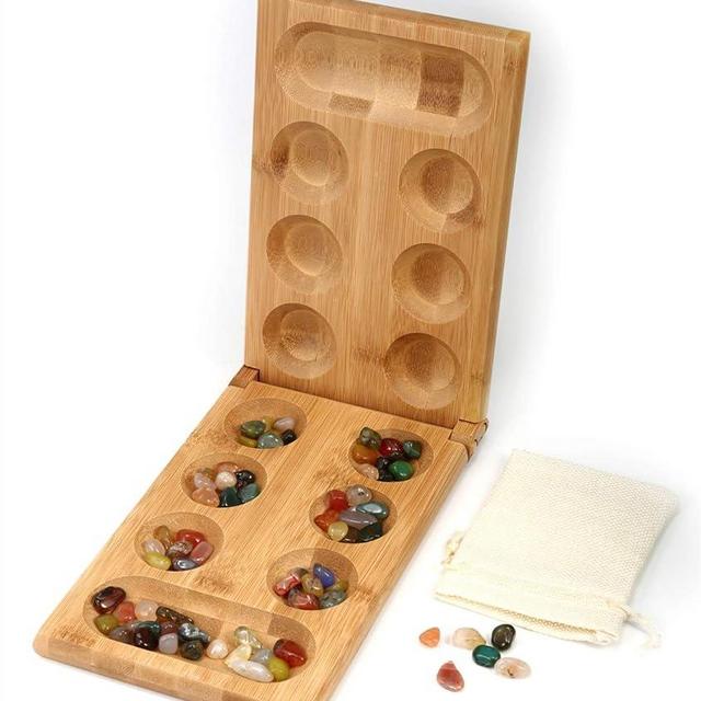 Togudot Mancala Board Game with Solid Wood Folding Board 80 Glass Stones Marble Game Set for Kids Adults