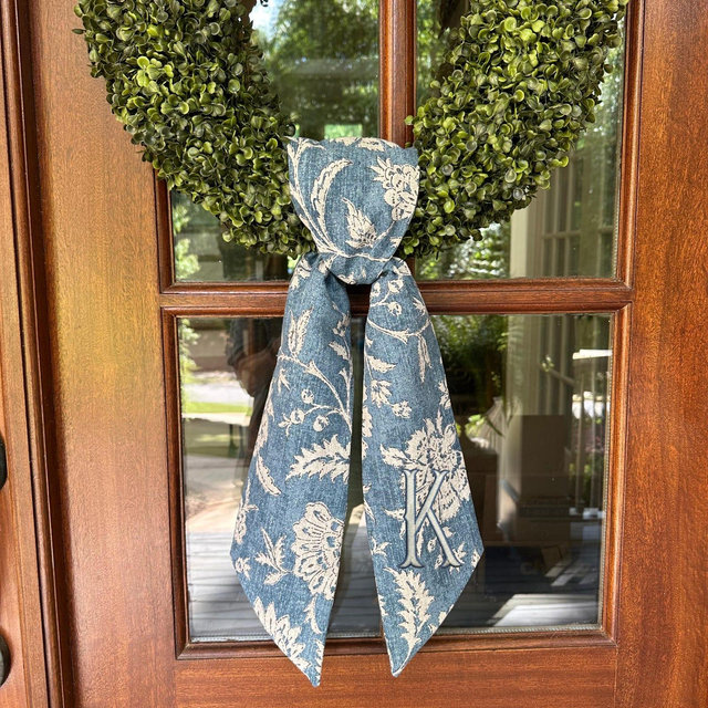 Embroidered Chinoiserie Magnolia Wreath Sash, Floral, Personalized Front Door Decor
