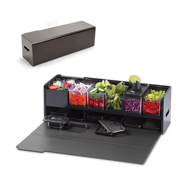 Prepdeck Gen 2 Recipe Prep & Storage Station - 8 Essential Tools + Deluxe Cutting Board, 14 Plastic Containers + Super-Seal Lids, Removable Trash Compartments, Tablet Stand Included - Midnight Black