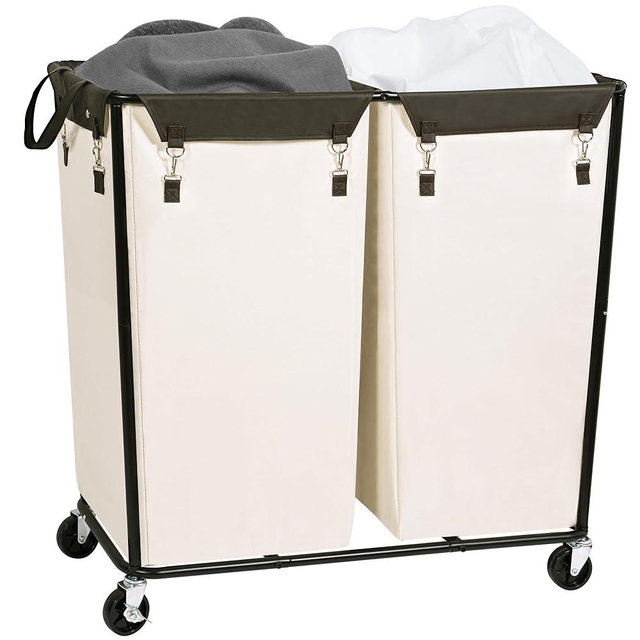 STORAGE MANIAC Commercial Laundry Hamper with Heavy Duty Steel Frame, 74 Gal. Industrial Laundry Basket Cart with Wheels for Hotel, Home, Laundry Room, Big Large Clothes Sorter, 2 Section Beige