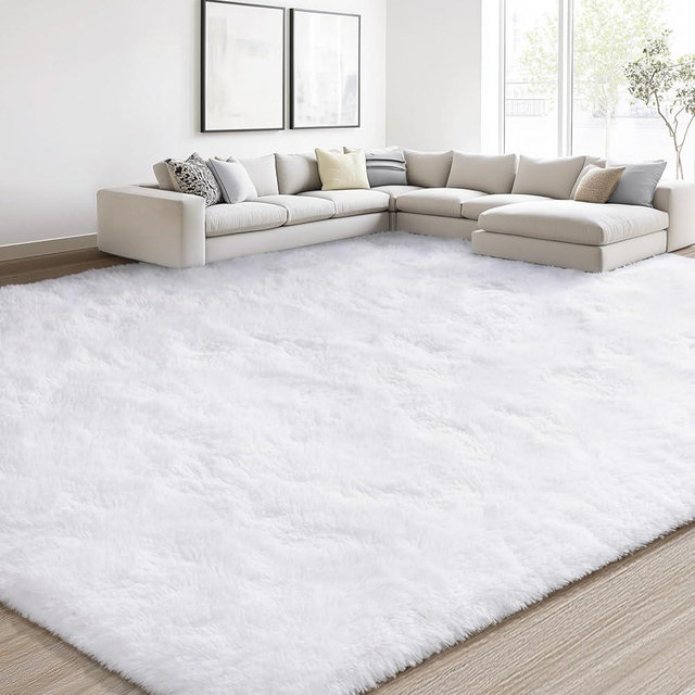 EVOIONOS 9x12 Washable Large Area Rug for Living Room, Fluffy Shag Rug for Bedroom, Ultra Soft Plush Non Slip Carpet for Indoor Floor Bedside Nursery Kids Girls Room Dorm, Home Decor Aesthetic, White
