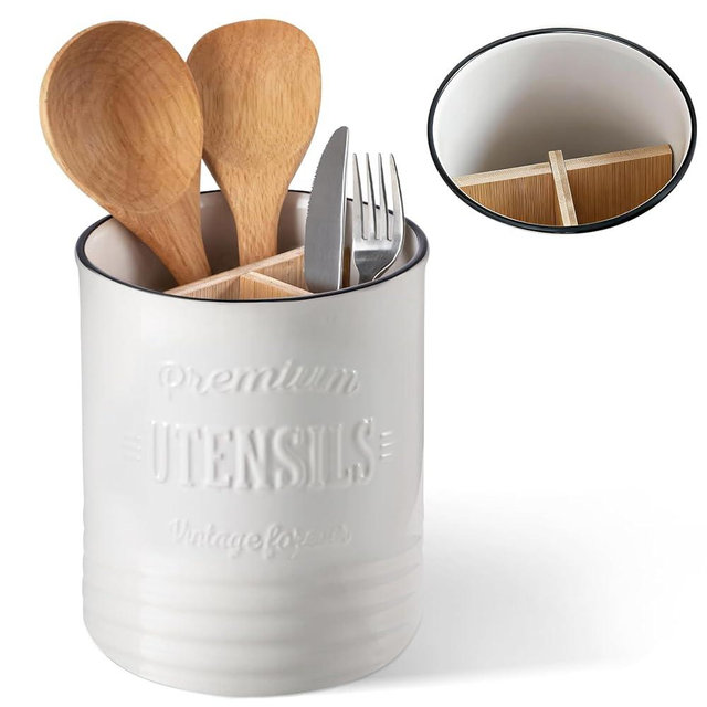 DOWAN 3 Compartment Kitchen Utensil Holder, 7.2″ Extra-Large Ceramic Stable Utensil Caddy, Rustic Cooking Utensil Crock for Farmhouse Kitchen Décor, Utensil Holder for Countertop