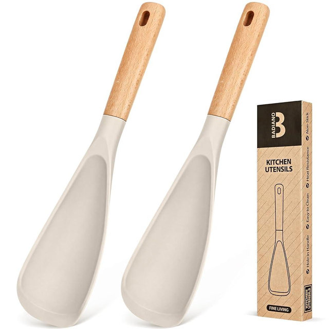 Cooking Spoon for Nonstick Cookwares, Great for Cooking and Serving Sturdy BPA-Free Matte Silicone, Wood Handle Spoon for Mixing, Scoop, and Scrape (2 Pack of Khaki, 11.4 inch)