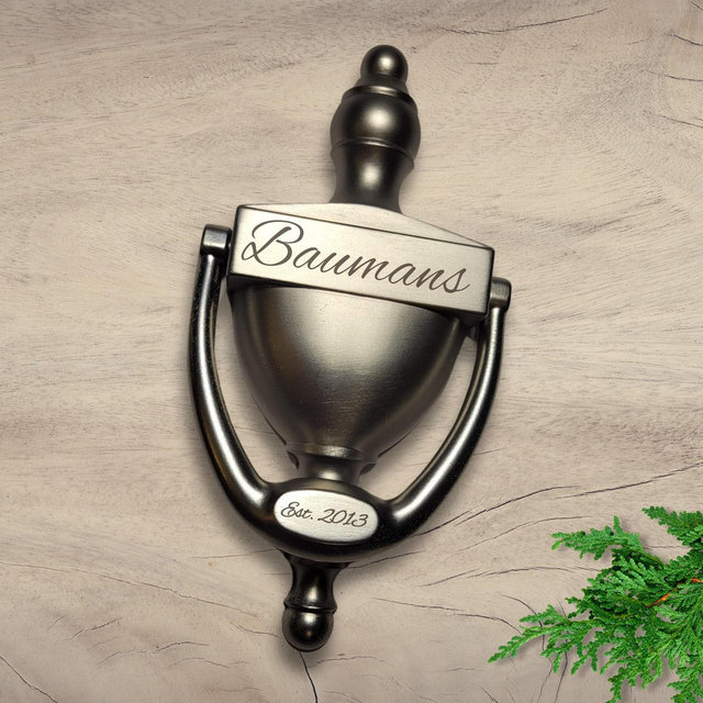 Personalized Front Door Knocker: Engraved Name with Est. Date on Arm for home, Airbnb, VRBO or house warming gift, Doorknocker 6.5 inches