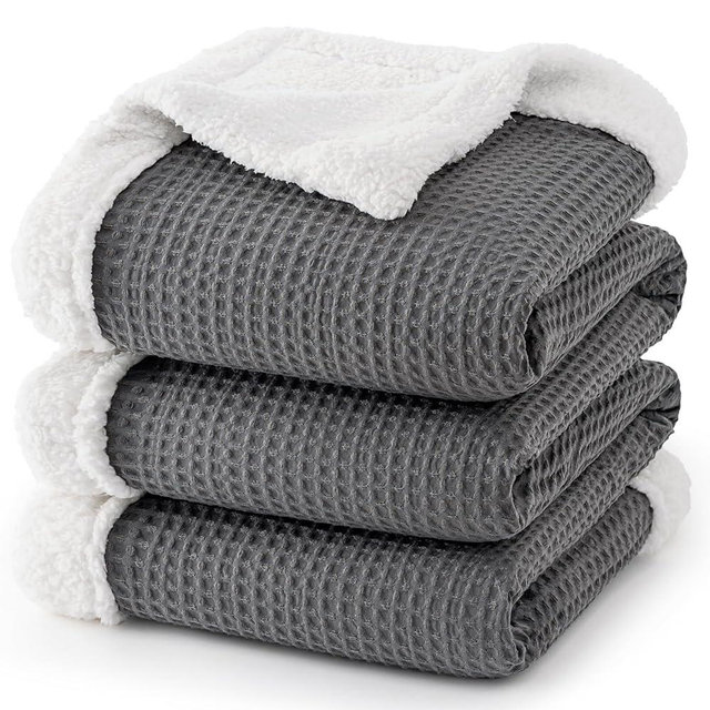 PHF Waffle Sherpa Blanket Queen Size, 90x90 Inches Luxury Plush Flannel Fleece Blanket for Winter, No Shed No Pilling, Cozy Soft & Reversible Waffle Weave Bedding for Home Decor, Grey