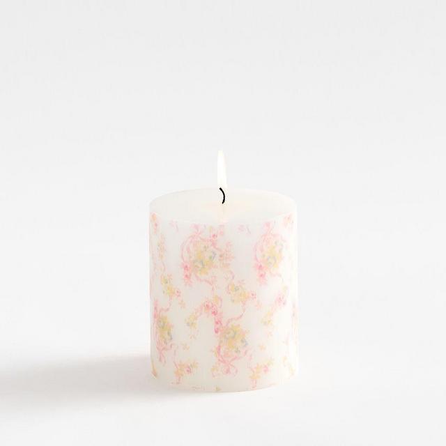 LoveShackFancy Pink Floral Printed Flame Pillar, 4x4.5