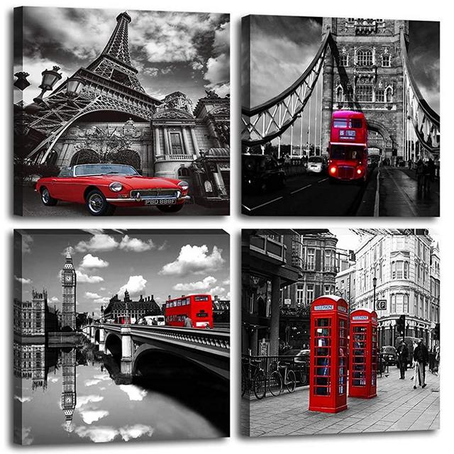 Canvas Prints Wall Art Home Wall Decor Black and White Cityscape London Paris Buildings Street Red Bus Telephone Booth Classic Cars Pictures Modern Artwork for Bedroom Bathroom Living Room Decor