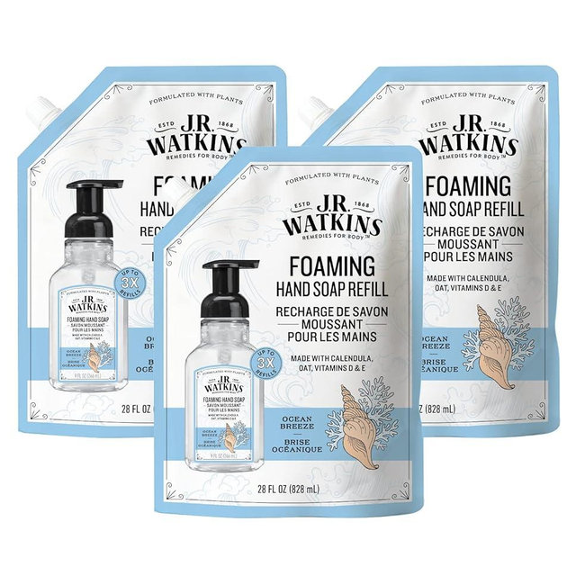 J.R. Watkins Foaming Hand Soap Refill, Moisturizing Foam Hand Wash, All Natural, Alcohol-Free, Cruelty-Free, USA Made, Ocean Breeze, 28 fl oz, 3 Pack
