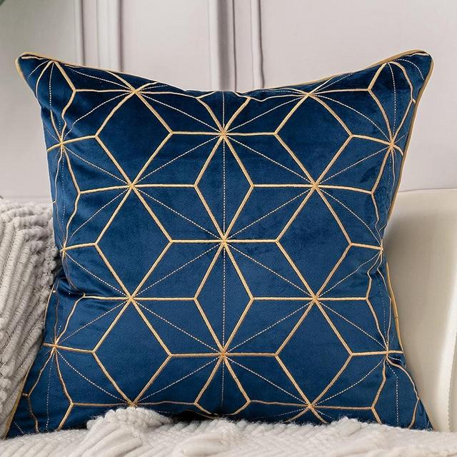 Aeckself 18 x 18 Inch Navy Blue Gold Plaid Geometric Lines Embroidery Velvet Cushion Case Luxury Modern Square Throw Pillow Cover Decorative Pillow for Couch Living Room Bedroom Car 45 x 45cm