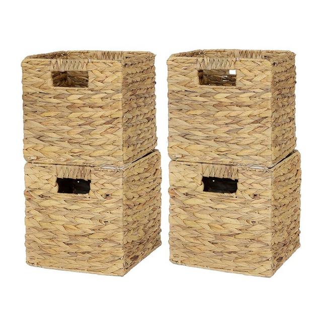WEAVELYRICS 4 Pack 9in Wicker Storage Cubes, Water Hyacinth Baskets, Foldable Wicker Baskets, Storage Basket with Built-in Handles, Handwoven Natural Basket for Shelves, Outdoor