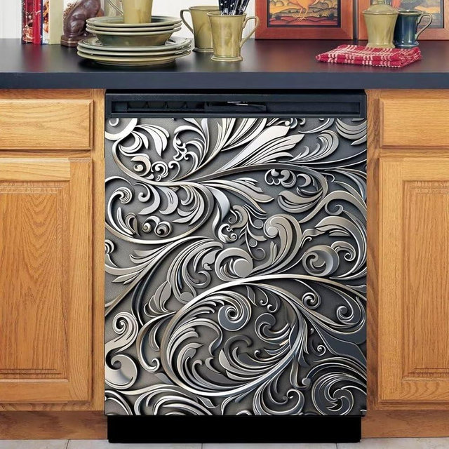 Black Vines Magnetic Dishwasher Cover,Fridge Door Cover Magnetic,Stainless Steel Wave Flower Pattern Dishwasher Magnets Art Skin Panel Decal,Home Decor Decal,Vinyl Sticker,Easy Update,23Wx26H Inches