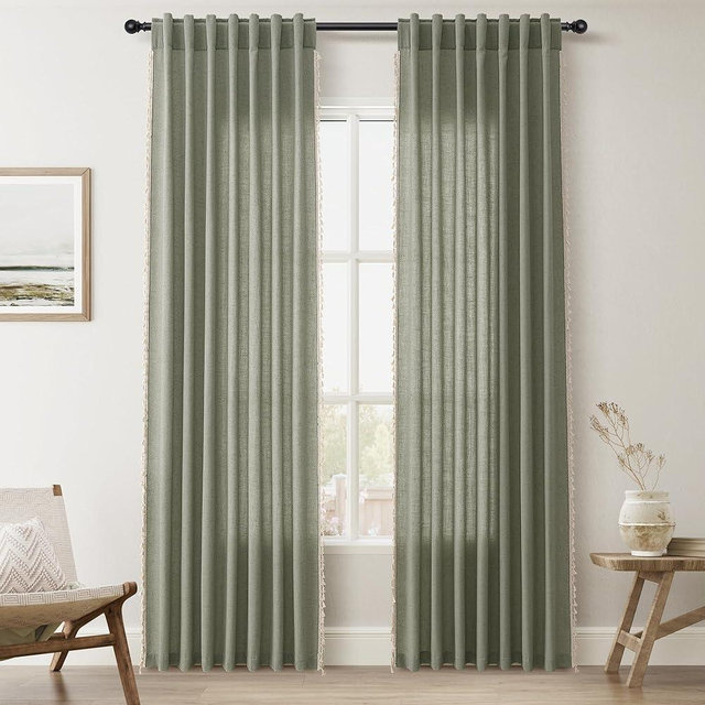 SPWIY Sage Green Linen Curtains 84 Inches Long for Bedroom Boho Country Farmhouse Window Curtain 2 Panels Neutral Back Tab Semi Sheer Light Filtering Bohemian Tassel Drapes for Living Room 52X84